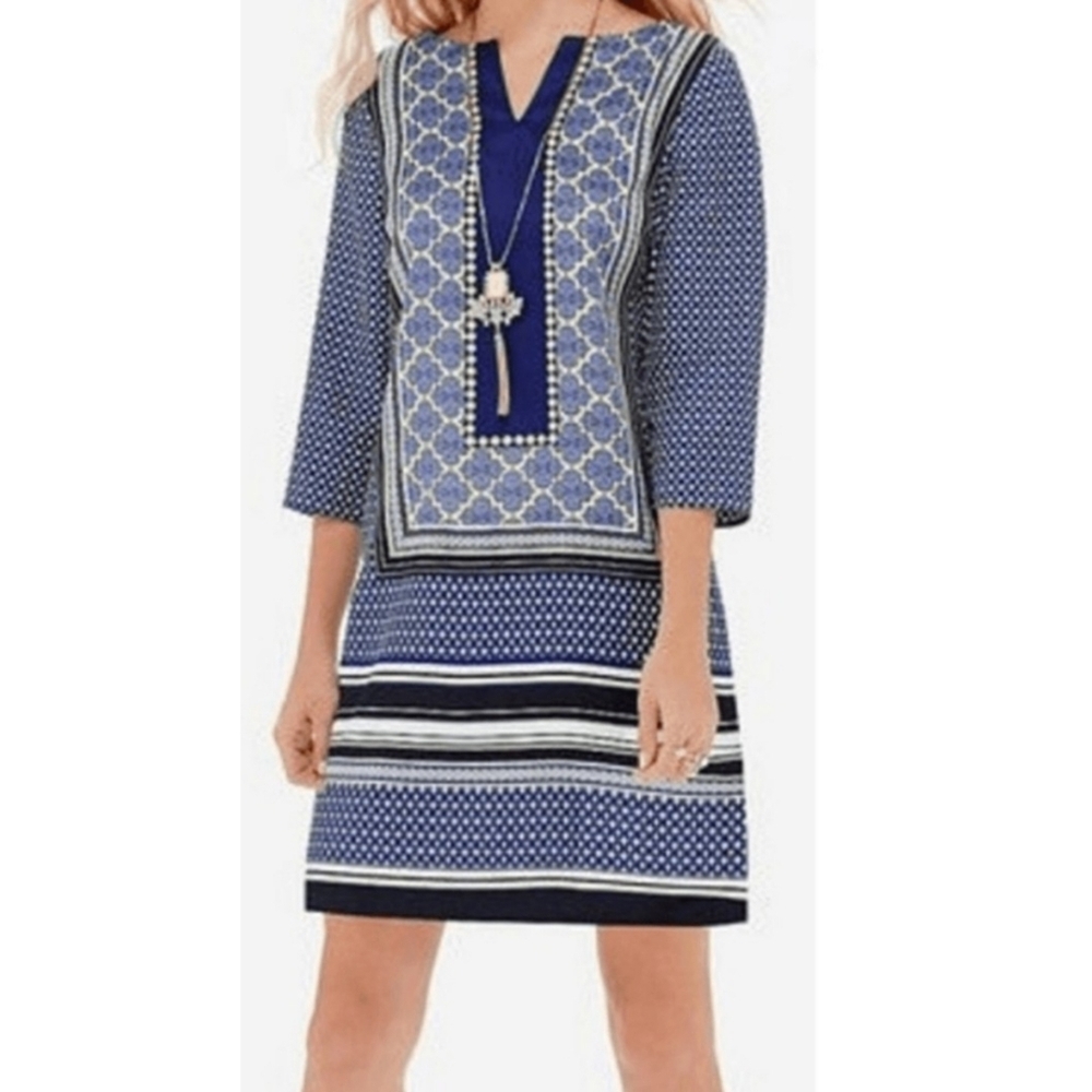 The Limited Mixed Pattern Split neck Shift dress Navy & Yellow Size S